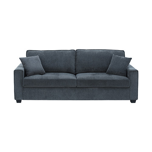 Charcoal 3-seater sofa with squared arms and two scatter cushions on white background front view