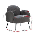 Charcoal boucle armchair dimensions: 74cm tall, 70cm wide, 64cm deep, seat 58cm wide, 47cm deep, 48cm seat height