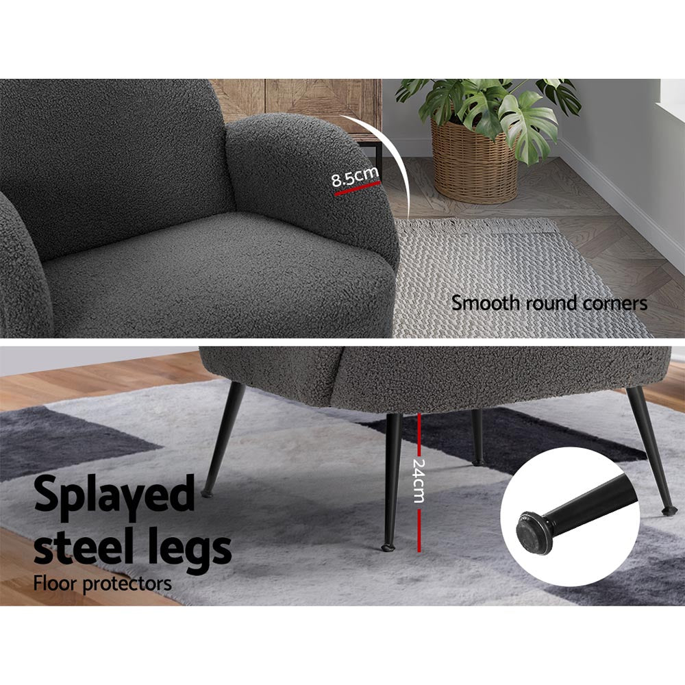 Charcoal boucle armchair detail: "Smooth round corners" 8.5cm armrest and "Splayed steel legs" 24cm with floor protector