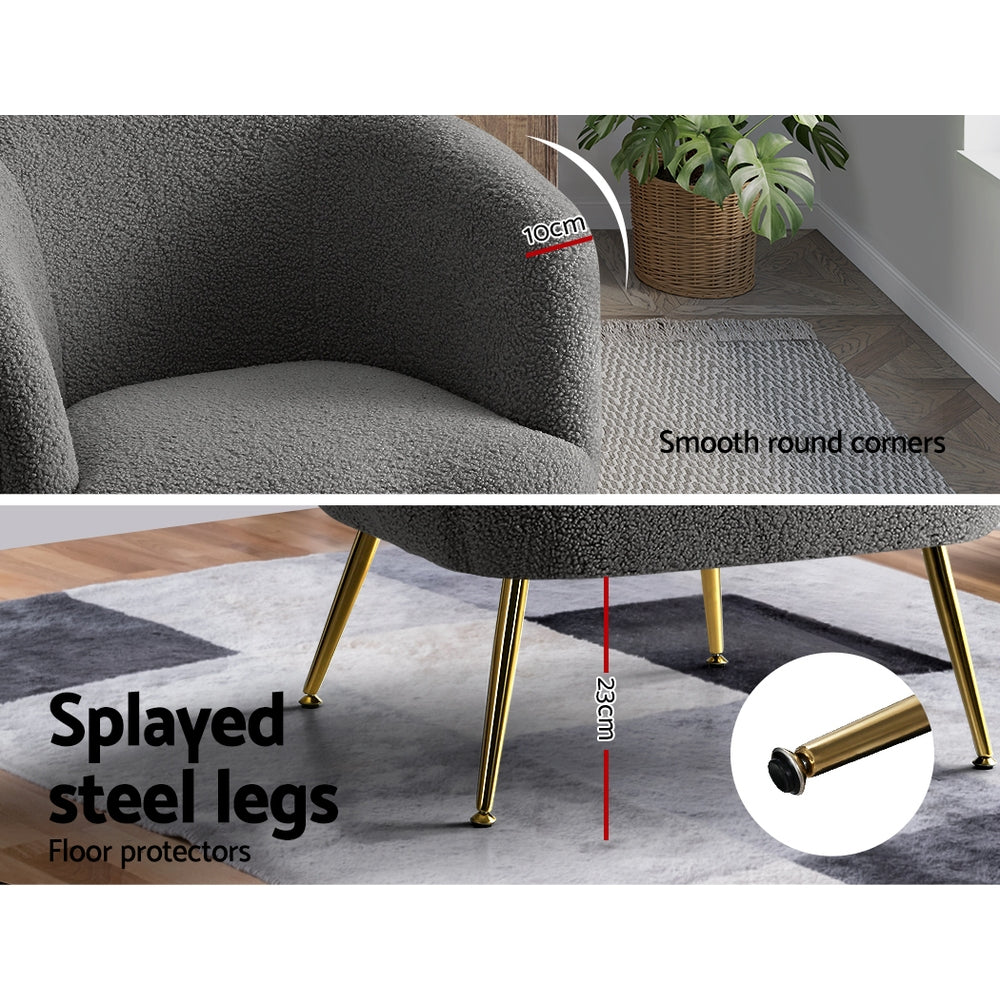 Charcoal boucle tub chair detail: "Smooth round corners" and "Splayed steel legs" 23cm gold with protector
