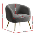 Charcoal boucle tub chair dimensions: 70cm tall, 70cm wide, 70cm deep, seat 60cm wide, 47cm deep, 37cm seat height