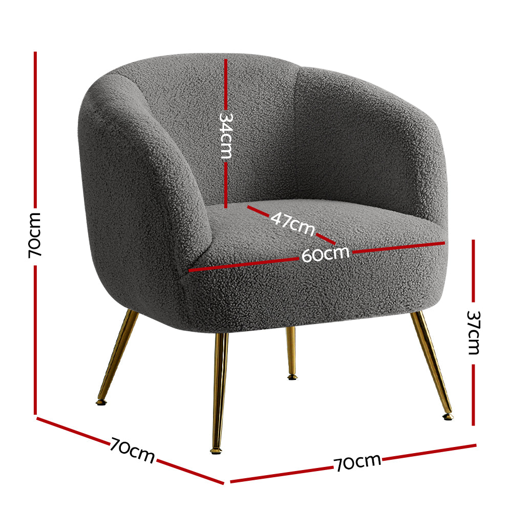 Charcoal boucle tub chair dimensions: 70cm tall, 70cm wide, 70cm deep, seat 60cm wide, 47cm deep, 37cm seat height