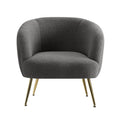 Charcoal grey boucle tub chair with rounded barrel back, integrated armrests and gold metal legs, front view
