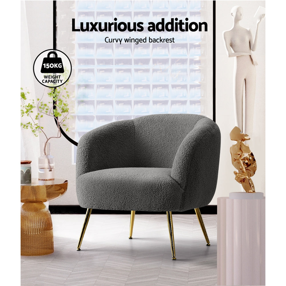 Charcoal boucle tub chair with gold legs in styled room, "Luxurious addition" text and 150kg weight capacity badge