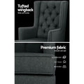 Two-panel detail of charcoal fabric wingback: tufted back panel and seat with badges Wear-resistant, Soft touch, Breathable