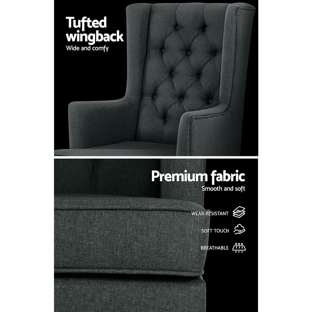 Two-panel detail of charcoal fabric wingback: tufted back panel and seat with badges Wear-resistant, Soft touch, Breathable