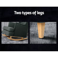 Two-panel detail showing rocking legs and tapered straight leg of charcoal fabric chair, text: Two types of legs