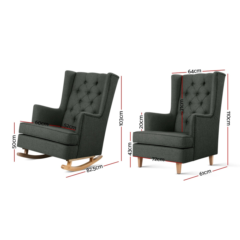 Charcoal fabric tufted wingback rocking chair on natural wooden rocking legs, angle view on white background