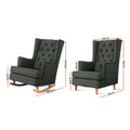 Dimensions diagram of charcoal tufted wingback: rocking 82.5W 103H cm, stationary 64W 110H cm, seat 72x43cm, seat height 43cm
