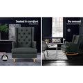 Two-panel: charcoal tufted wingback chair stationary with 150KG load badge, and rocking in dark living room setting