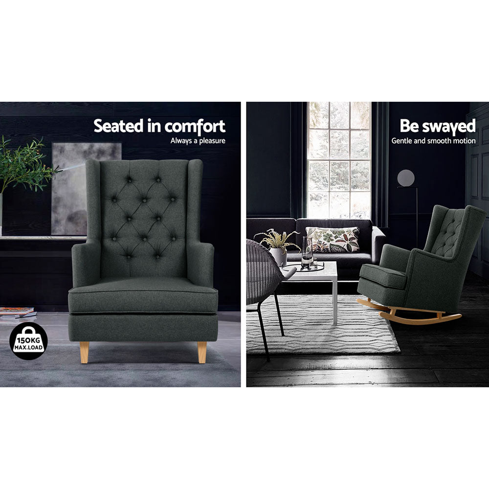 Two-panel: charcoal tufted wingback chair stationary with 150KG load badge, and rocking in dark living room setting
