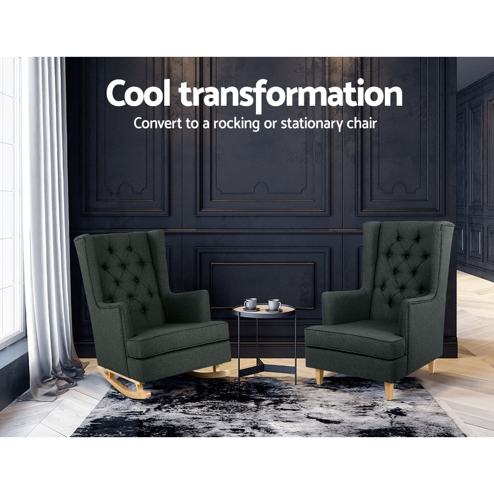Two charcoal tufted high-back chairs in dark room, one rocking one stationary, text: Convert to a rocking or stationary chair