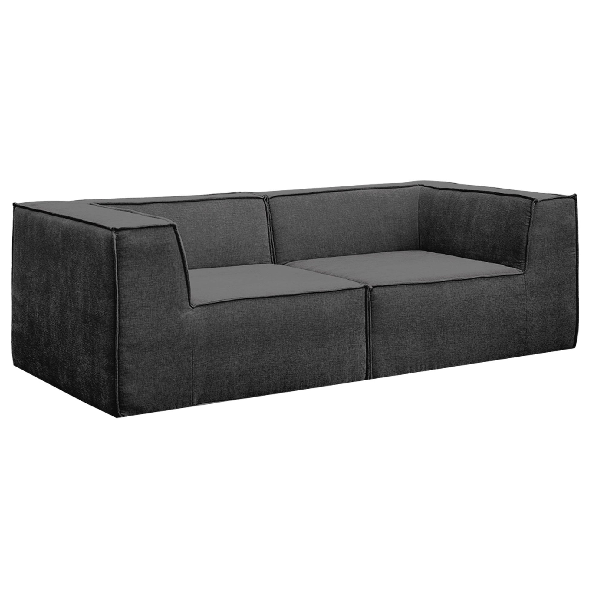 Dark charcoal modular sofa in 2-seat configuration three-quarter angle view without ottoman on white background