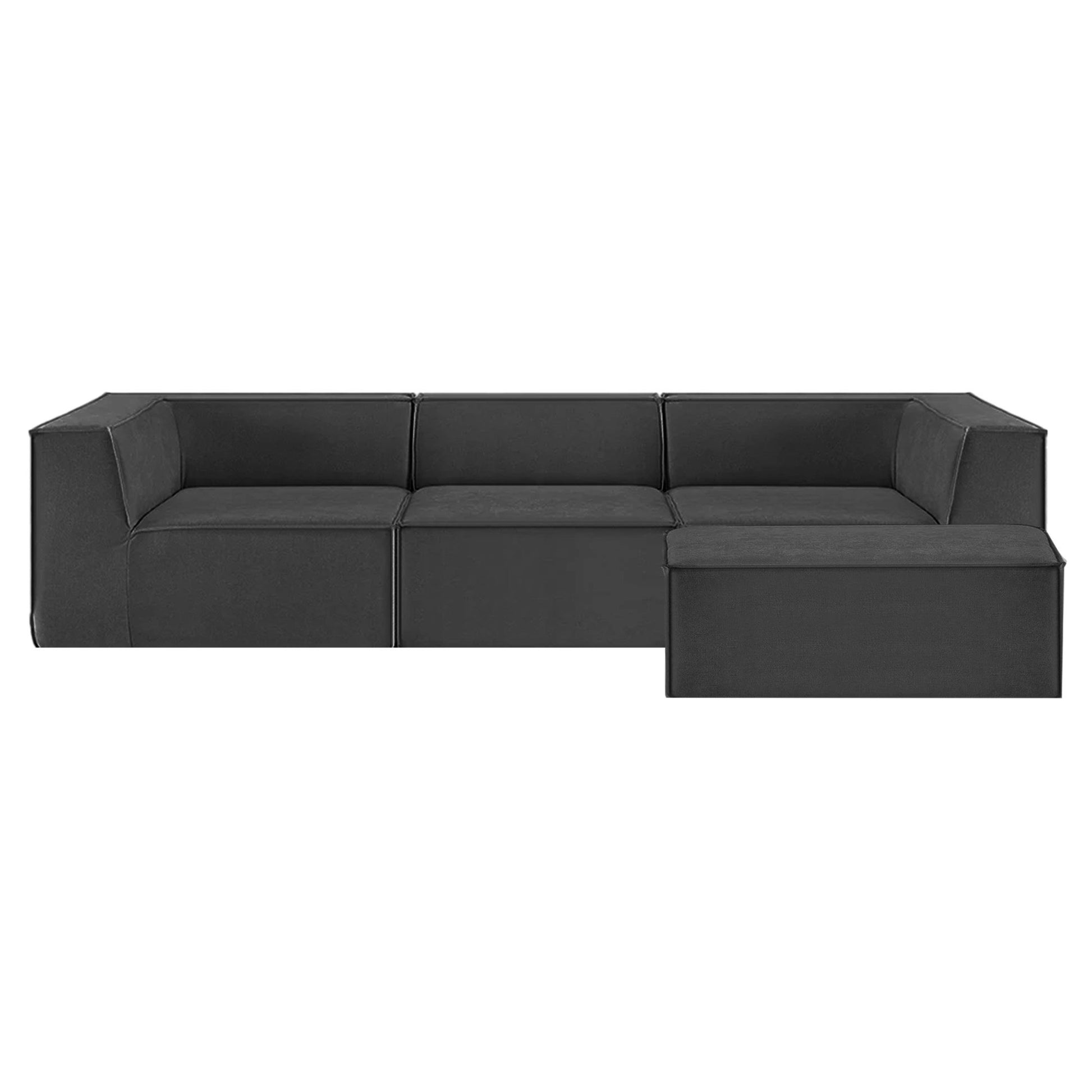 Dark charcoal modular 3-seater sofa with ottoman in full configuration front view on white background