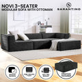Sarantino Novi dark charcoal modular 3-seater sofa with ottoman in room setting showing feature badges