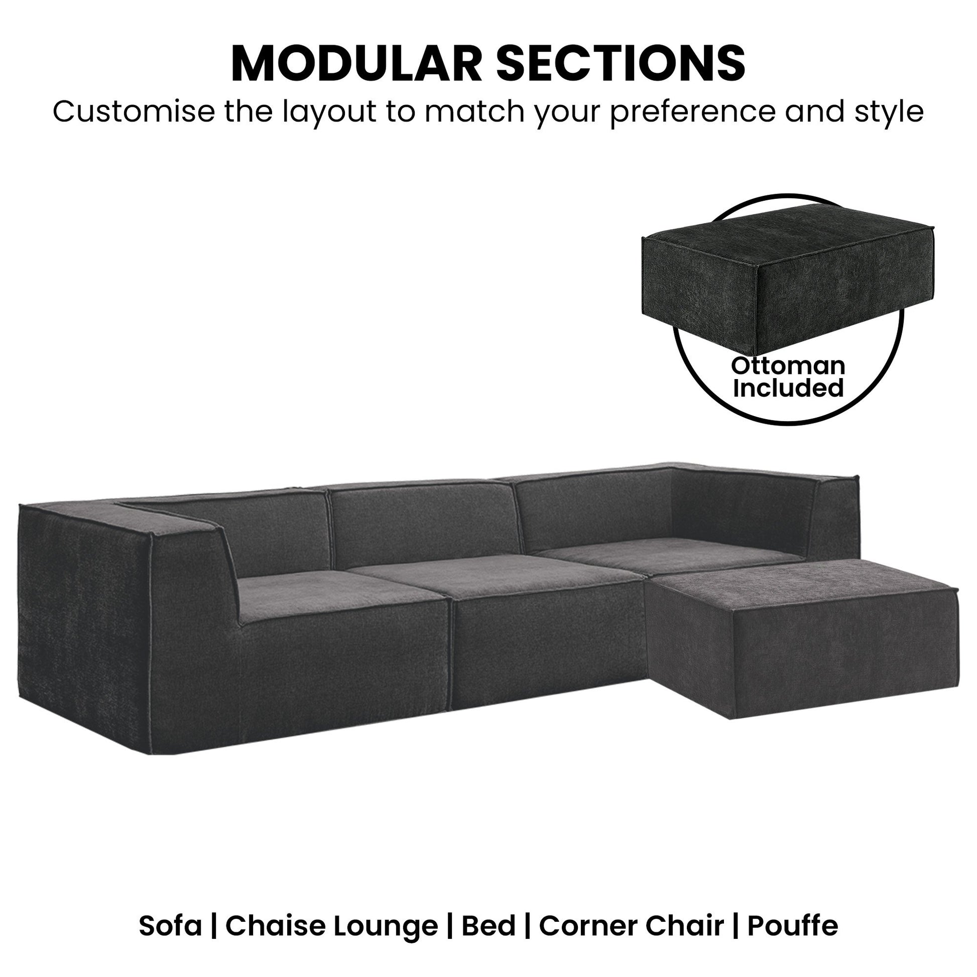 Charcoal modular sofa infographic showing modular sections including sofa, chaise lounge, bed and corner chair with ottoman