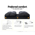 Charcoal suede floor lounger preferred comfort infographic showing five adjustable angles and assembly steps
