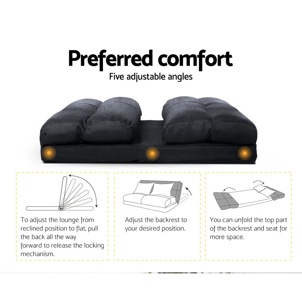 Charcoal suede floor lounger preferred comfort infographic showing five adjustable angles and assembly steps