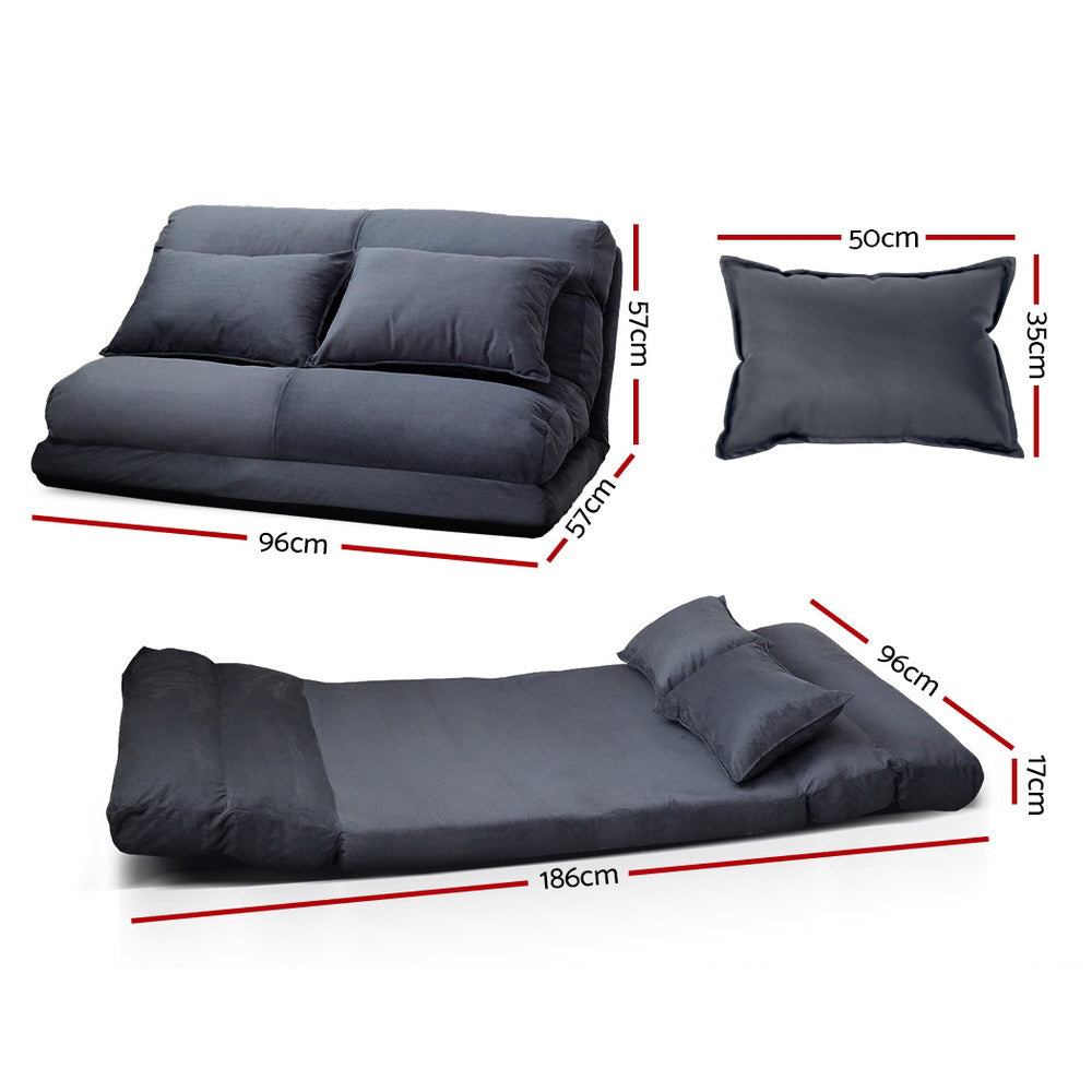 Dark grey suede 2-seat floor lounger shown in four positions from upright seated to fully flat in lifestyle rooms