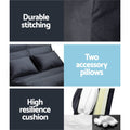 Charcoal suede floor lounger infographic: durable stitching, two accessory pillows and foam cushion fill