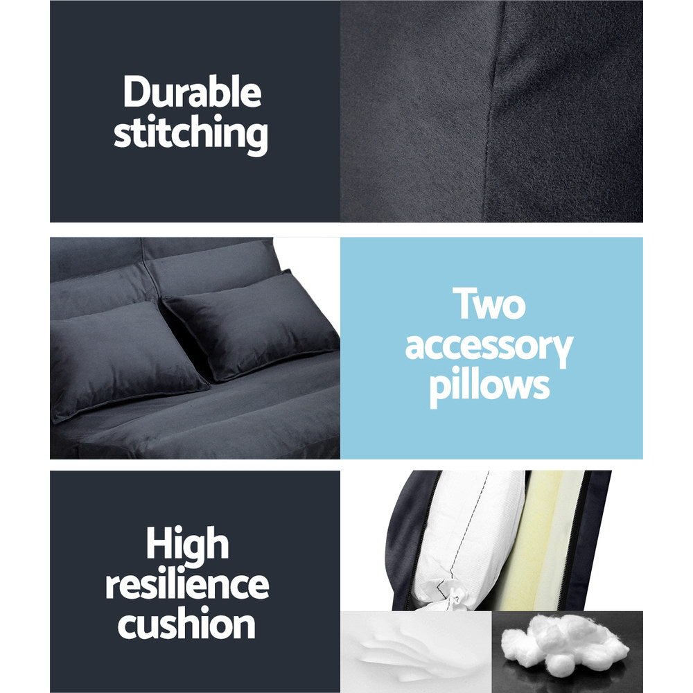 Charcoal suede floor lounger infographic: durable stitching, two accessory pillows and foam cushion fill