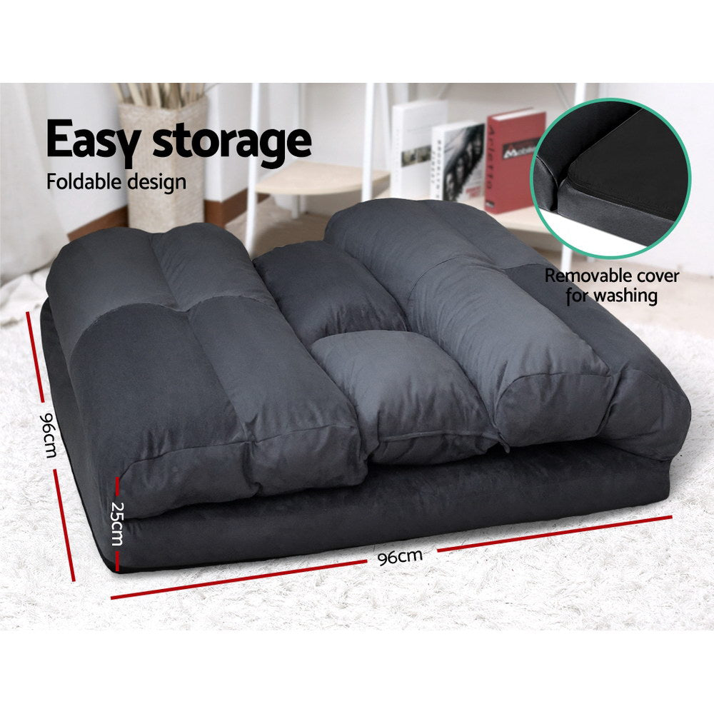 Charcoal suede floor lounger folded compactly at 96cm square showing removable cover for washing inset