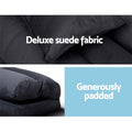 Charcoal suede floor lounger material infographic showing deluxe suede fabric close-up and padded edge