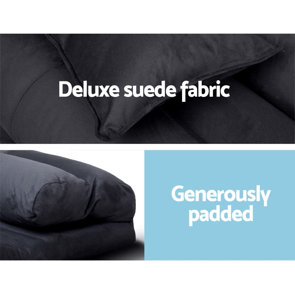 Charcoal suede floor lounger material infographic showing deluxe suede fabric close-up and padded edge