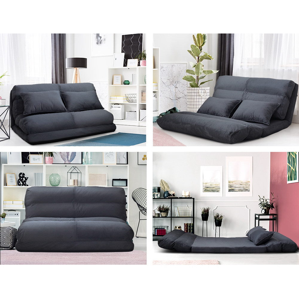 Dark grey suede 2-seat floor lounger shown in four positions from upright seated to fully flat in lifestyle rooms