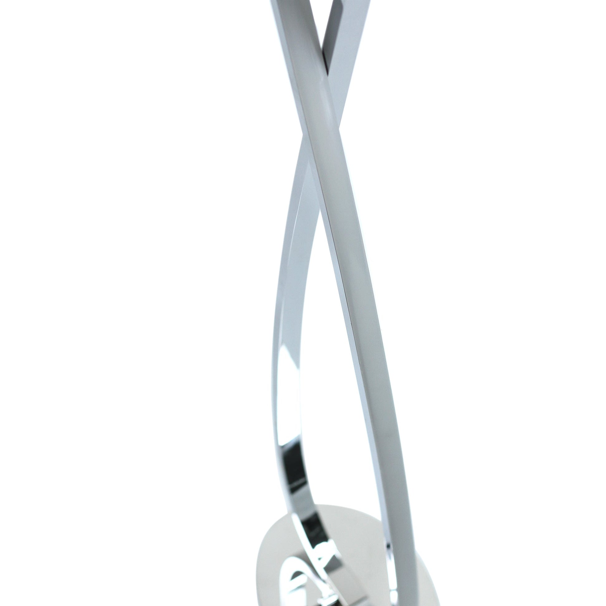 Close-up of chrome figure-8 loop crossing point showing X-cross joint and narrow lower loop section