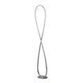 Chrome figure-8 infinity loop floor lamp unlit on white background, silver loop and round chrome base visible
