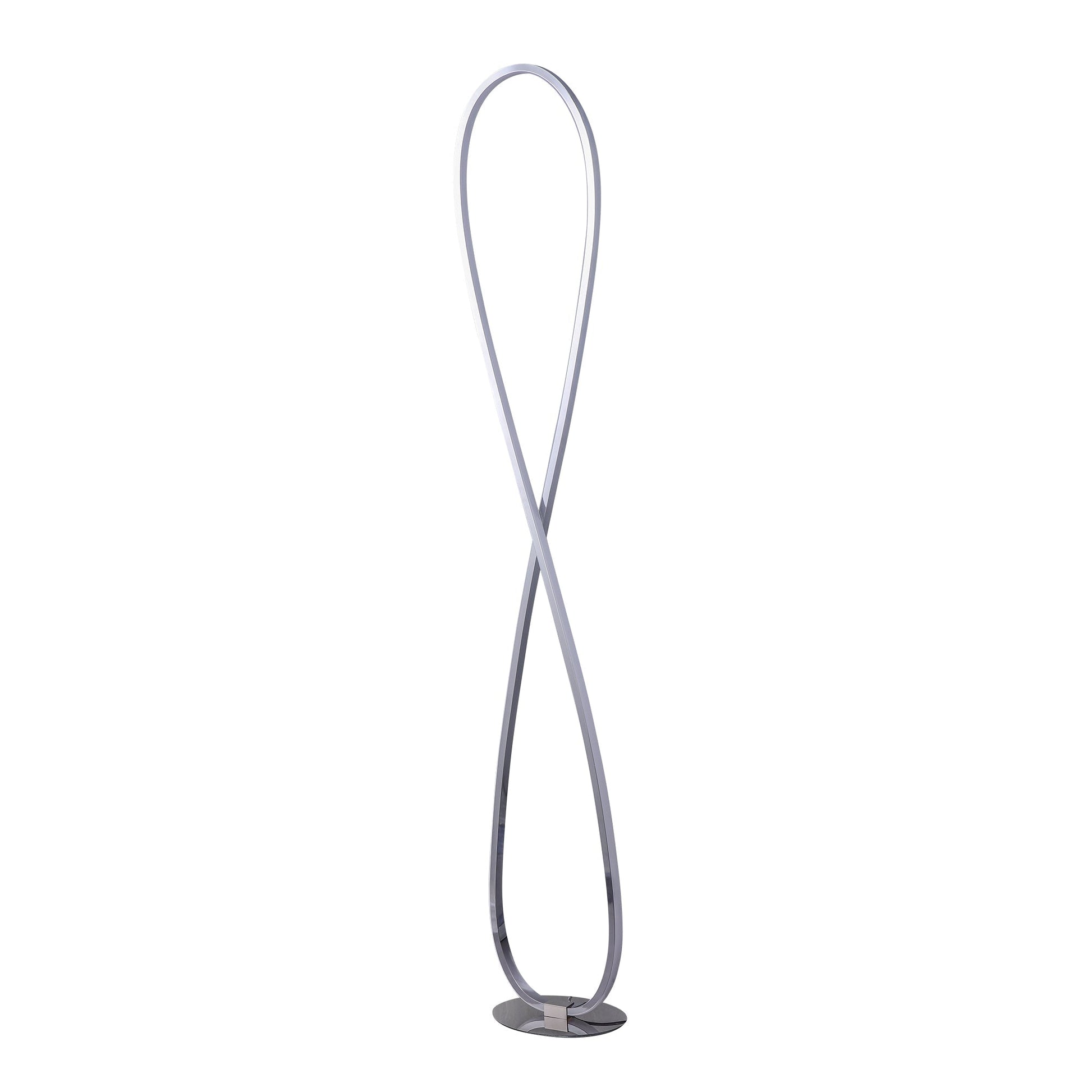Chrome figure-8 infinity loop floor lamp unlit on white background, silver loop and round chrome base visible
