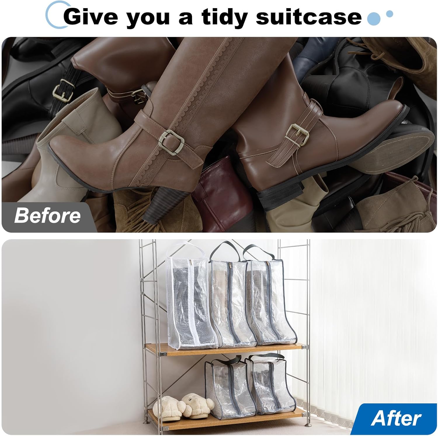 Before and after comparison showing cluttered boots pile vs boots stored in clear PVC bags on a wire rack