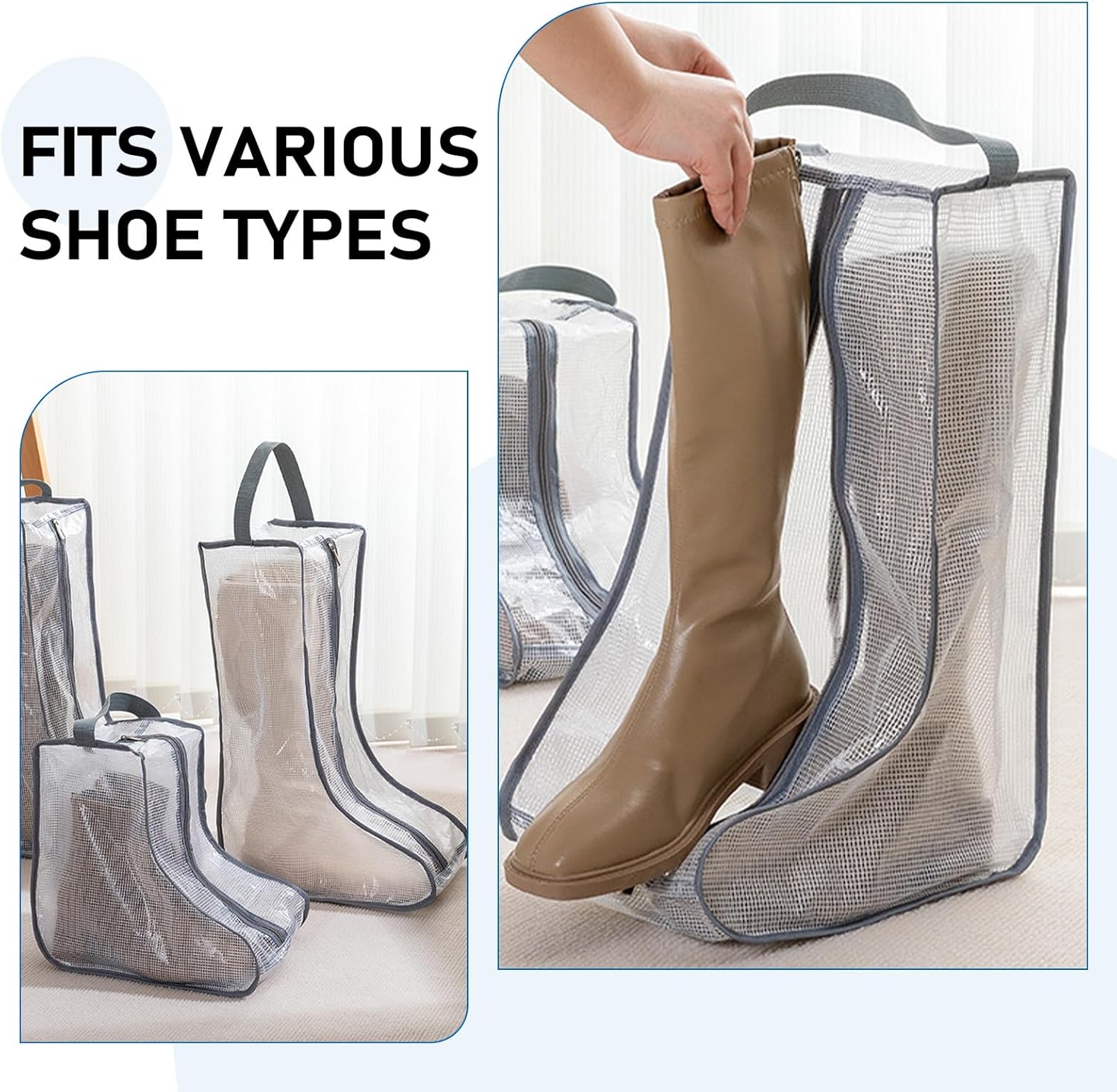 Two sizes of grey-trim clear boot bags with hand pulling tall khaki boot from large bag fits various shoe types
