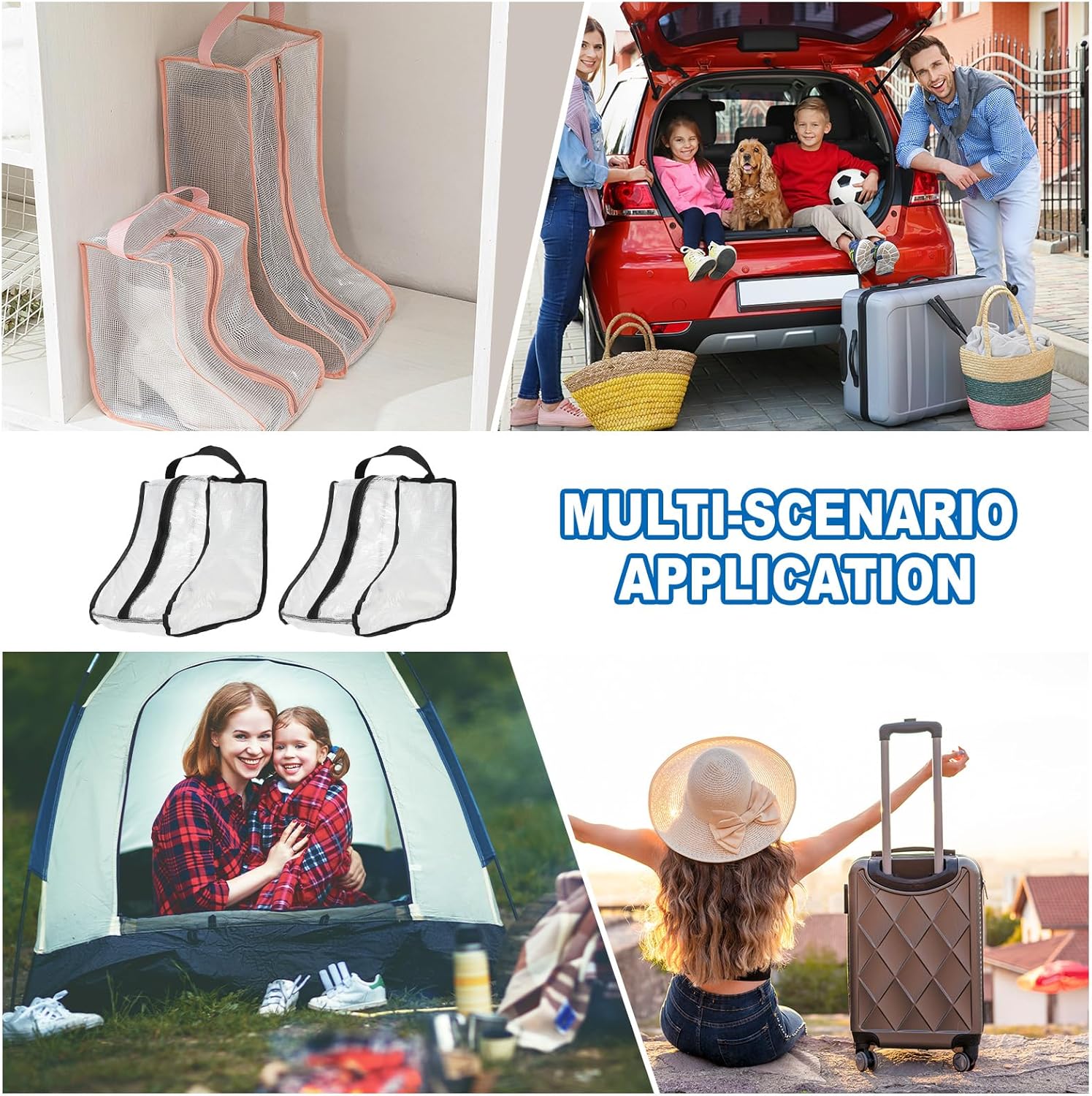 Multi-scenario collage of clear boot bags in closet car camping and travel settings