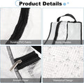 Clear PVC boot bag product detail infographic showing PVC fabric sturdy handles smooth zipper and waterproof design