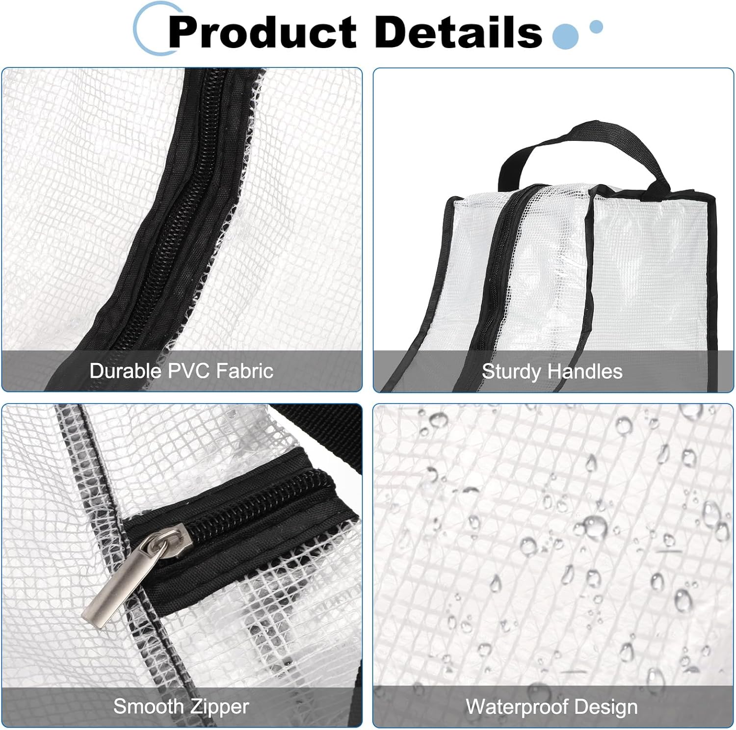 Clear PVC boot bag product detail infographic showing PVC fabric sturdy handles smooth zipper and waterproof design