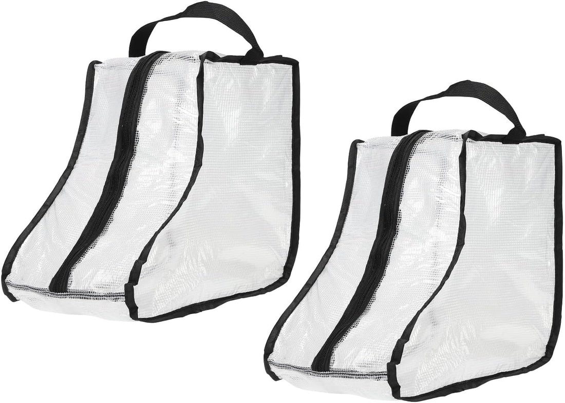 Two clear PVC short boot storage bags with black trim and black carry handles on white background