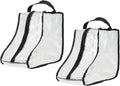 Two clear PVC short boot storage bags with black trim and black carry handles on white background