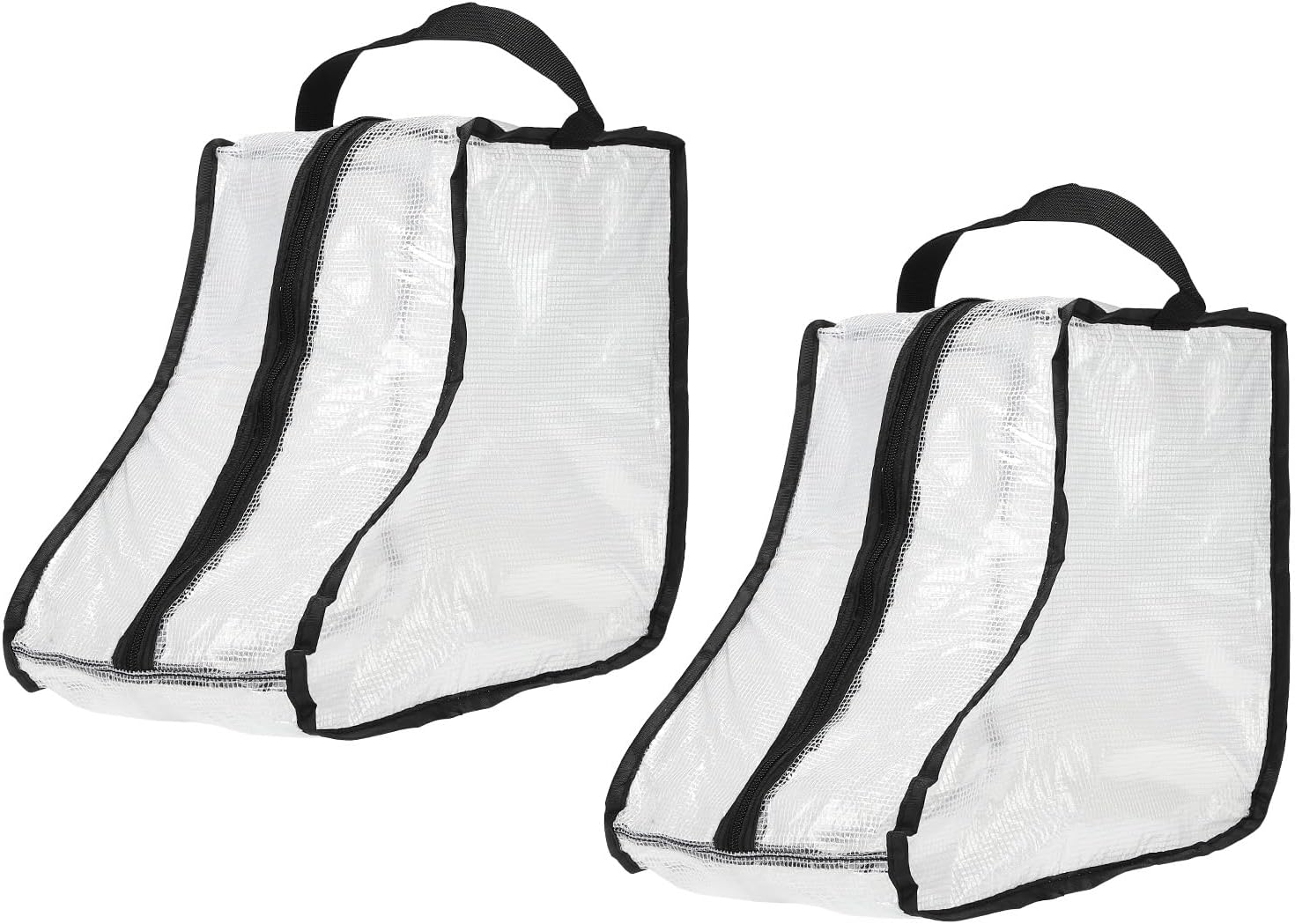 Two clear PVC short boot storage bags with black trim and black carry handles on white background