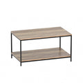 Two-tier coffee table with wood-grain top, lower shelf and black metal frame on white background