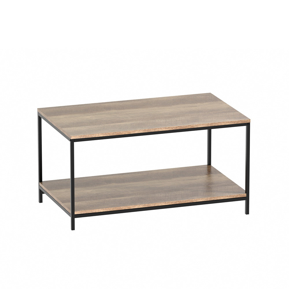 Two-tier coffee table with wood-grain top, lower shelf and black metal frame on white background