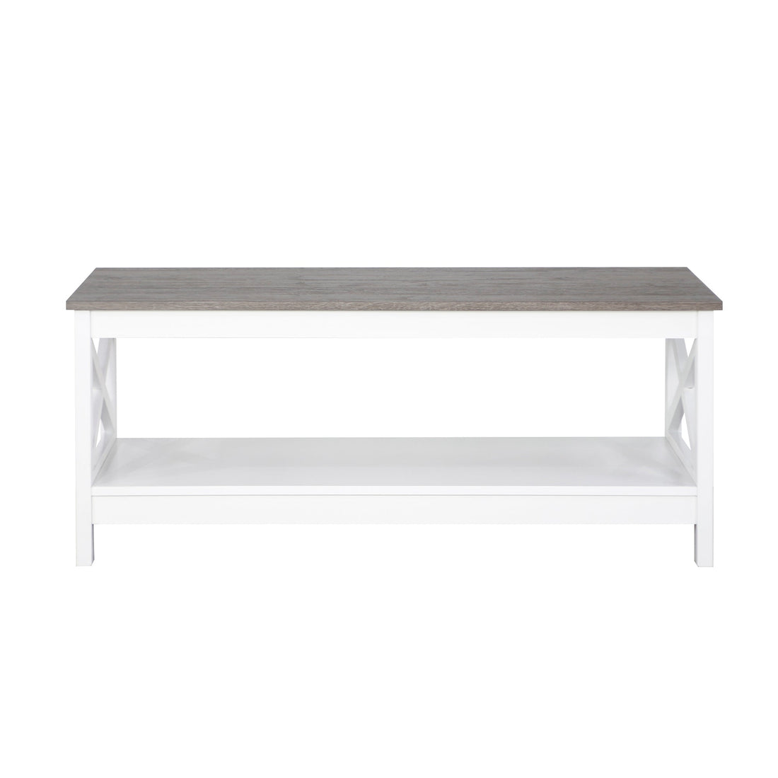 Rectangular coffee table with grey wood-look top and white X-frame base with lower shelf on white background