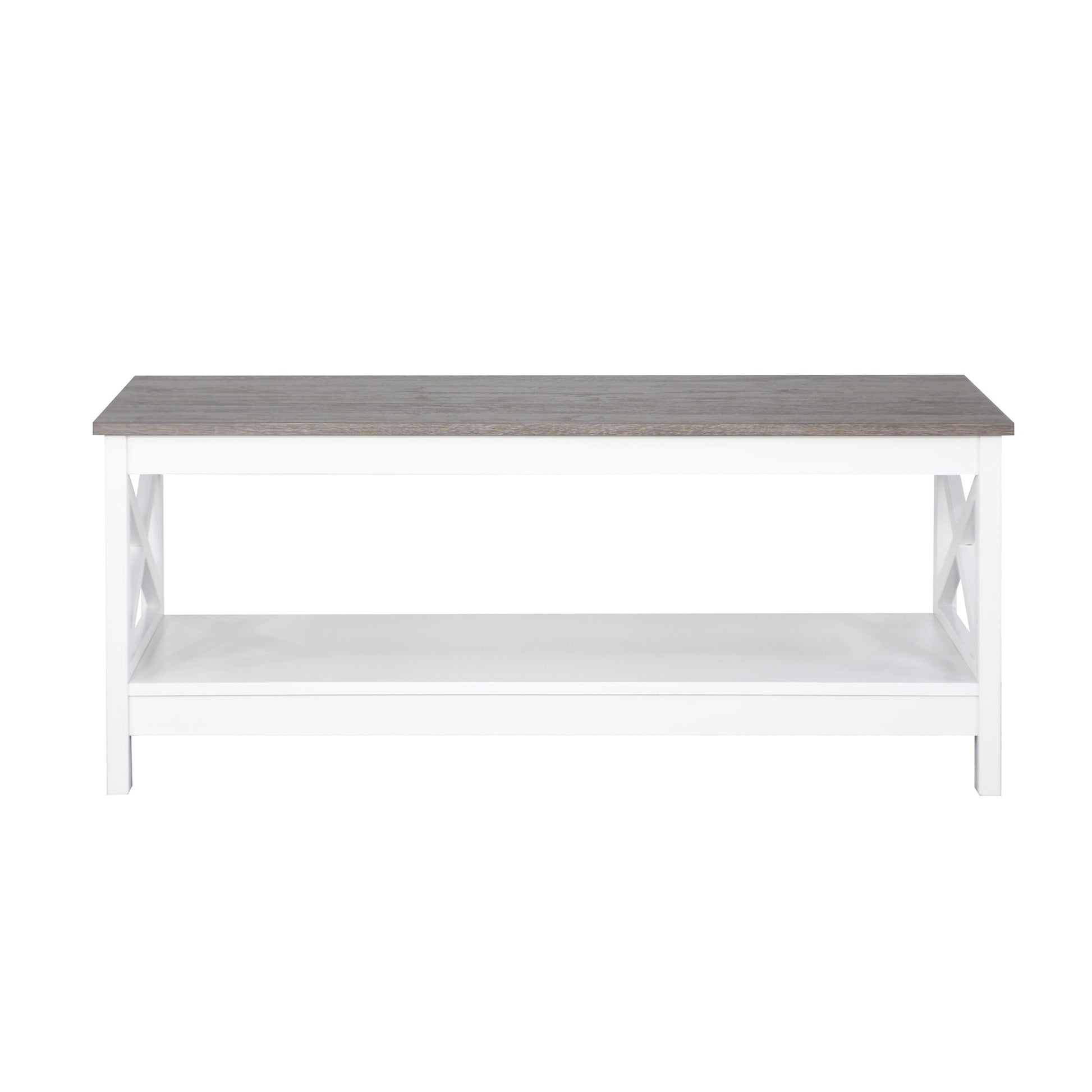 Rectangular coffee table with grey wood-look top and white X-frame base with lower shelf on white background