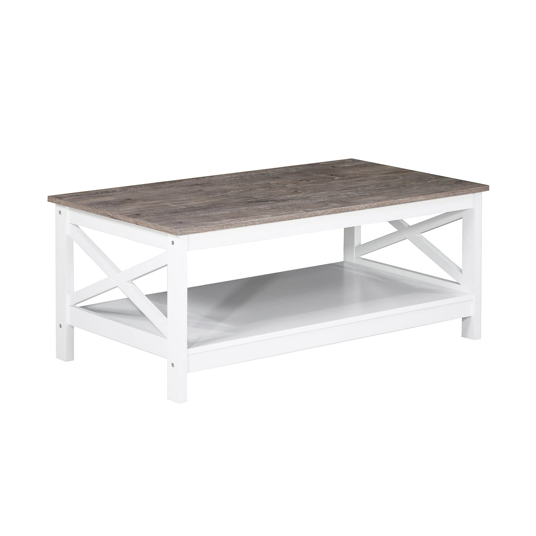 Rectangular coffee table with grey wood-look top and white X-frame base with lower shelf on white background