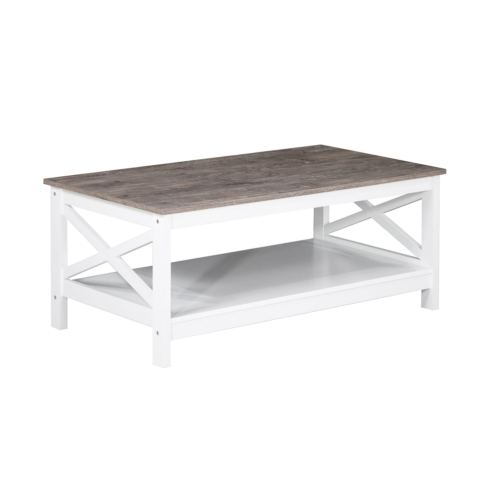 Rectangular coffee table with grey top and white X-frame legs with lower shelf, three-quarter angle view on white background