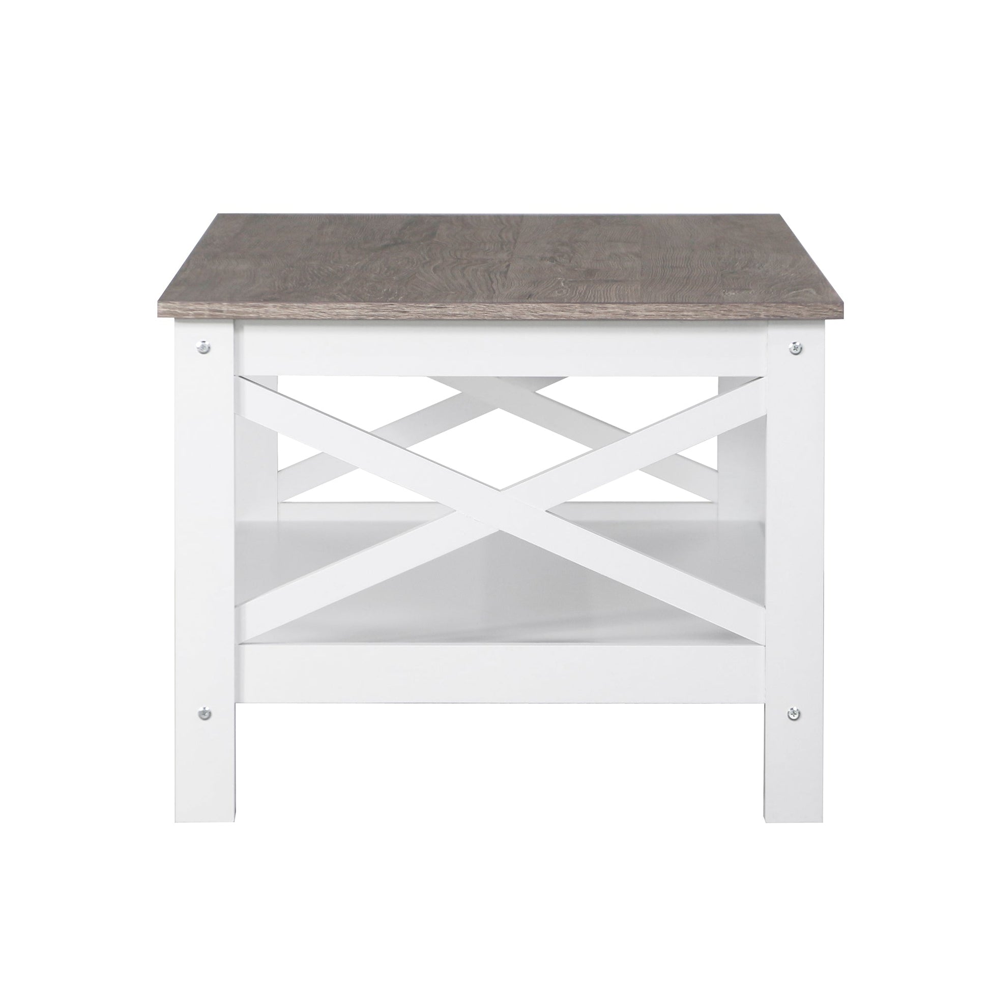 End view of rectangular coffee table showing X-cross pattern on white end panel, grey wood-look top and lower white shelf