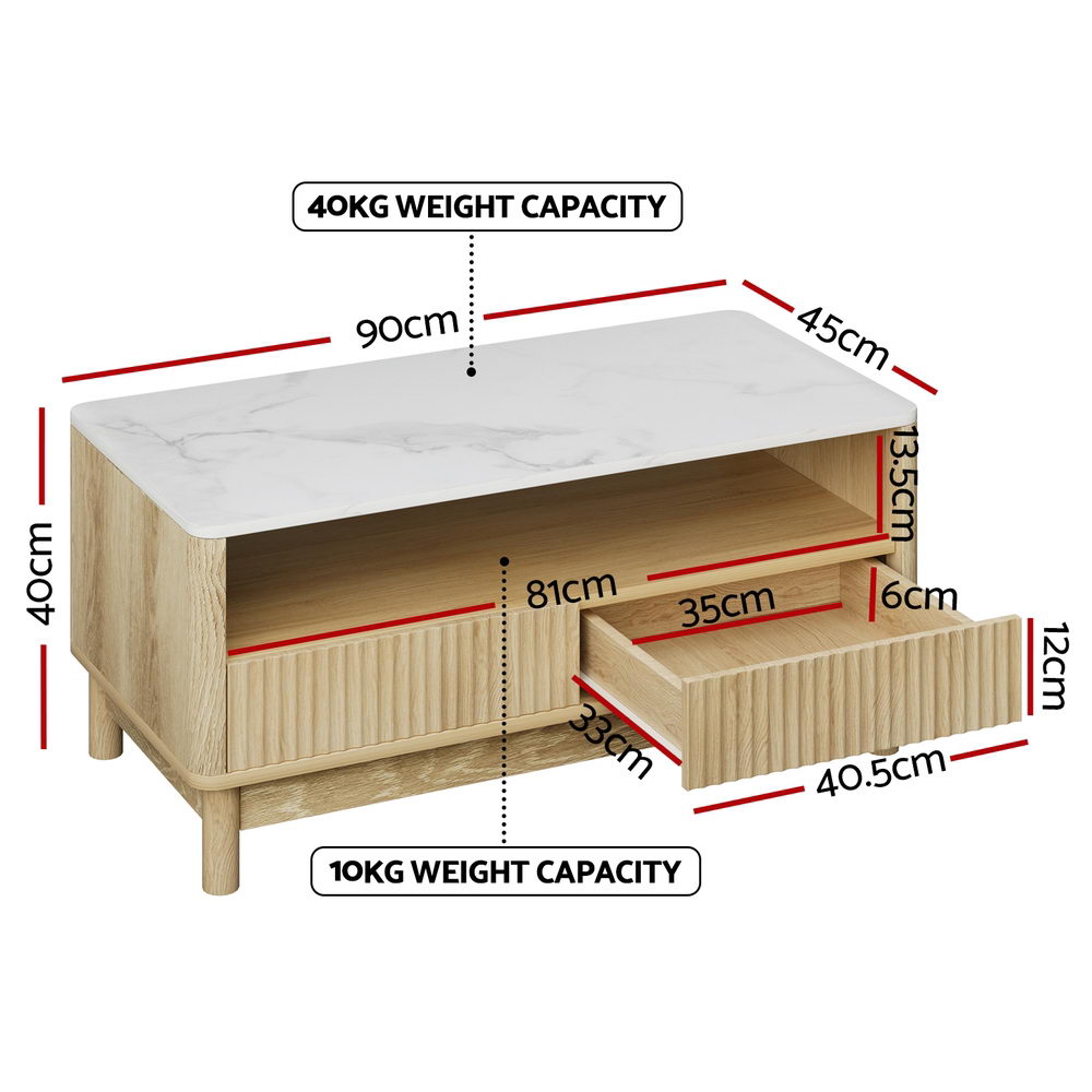 Coffee table dimensions: 90x45x40cm, drawer 35x33cm, open shelf 81cm wide, 40kg top capacity, 10kg drawer capacity