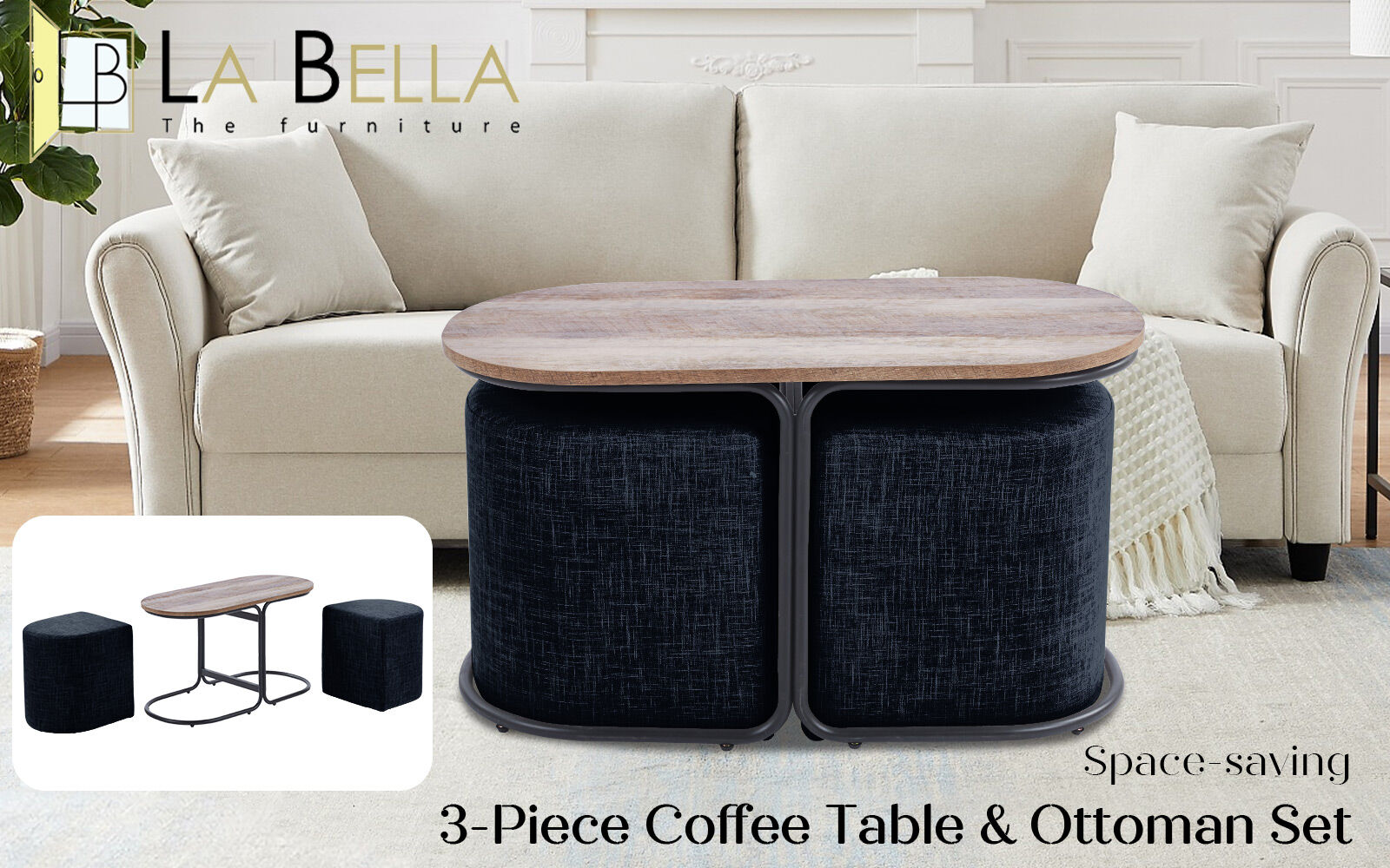Oval wood-top coffee table on a black metal arch base in a living room with two dark navy fabric cube ottomans pulled out to