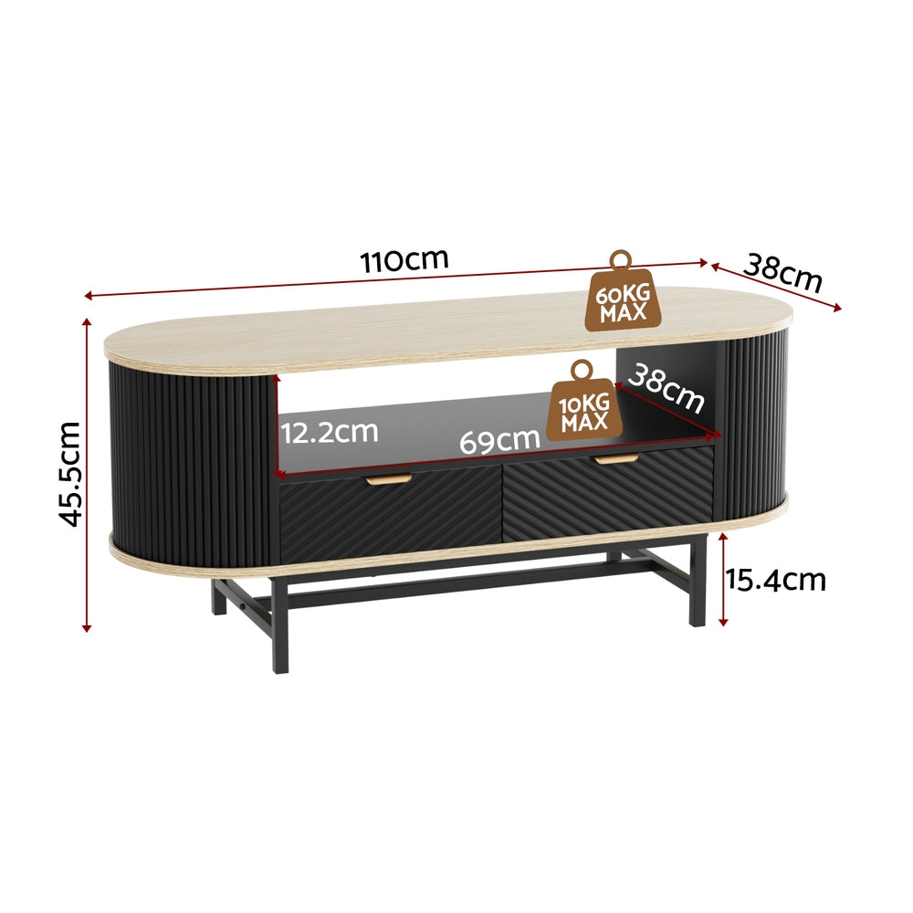 Oval coffee table dimensions: 110cm length, 38cm depth, 45.5cm height, open shelf 69x38cm, 60kg and 10kg weight capacities